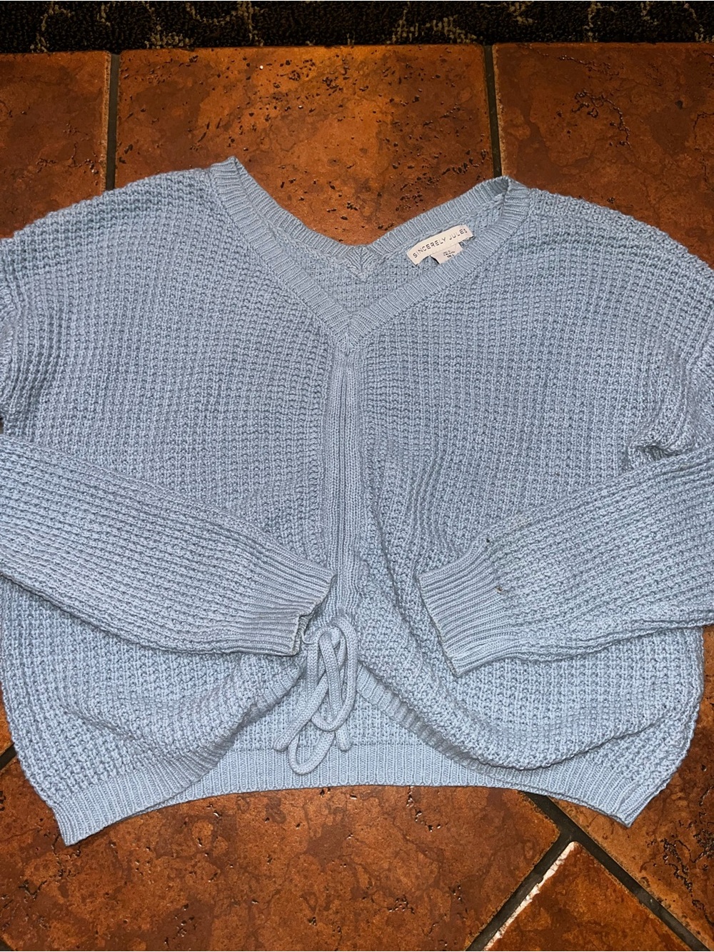 Sincerely Jules Pastel Blue V-Neck Knit Sweater with Front Tie